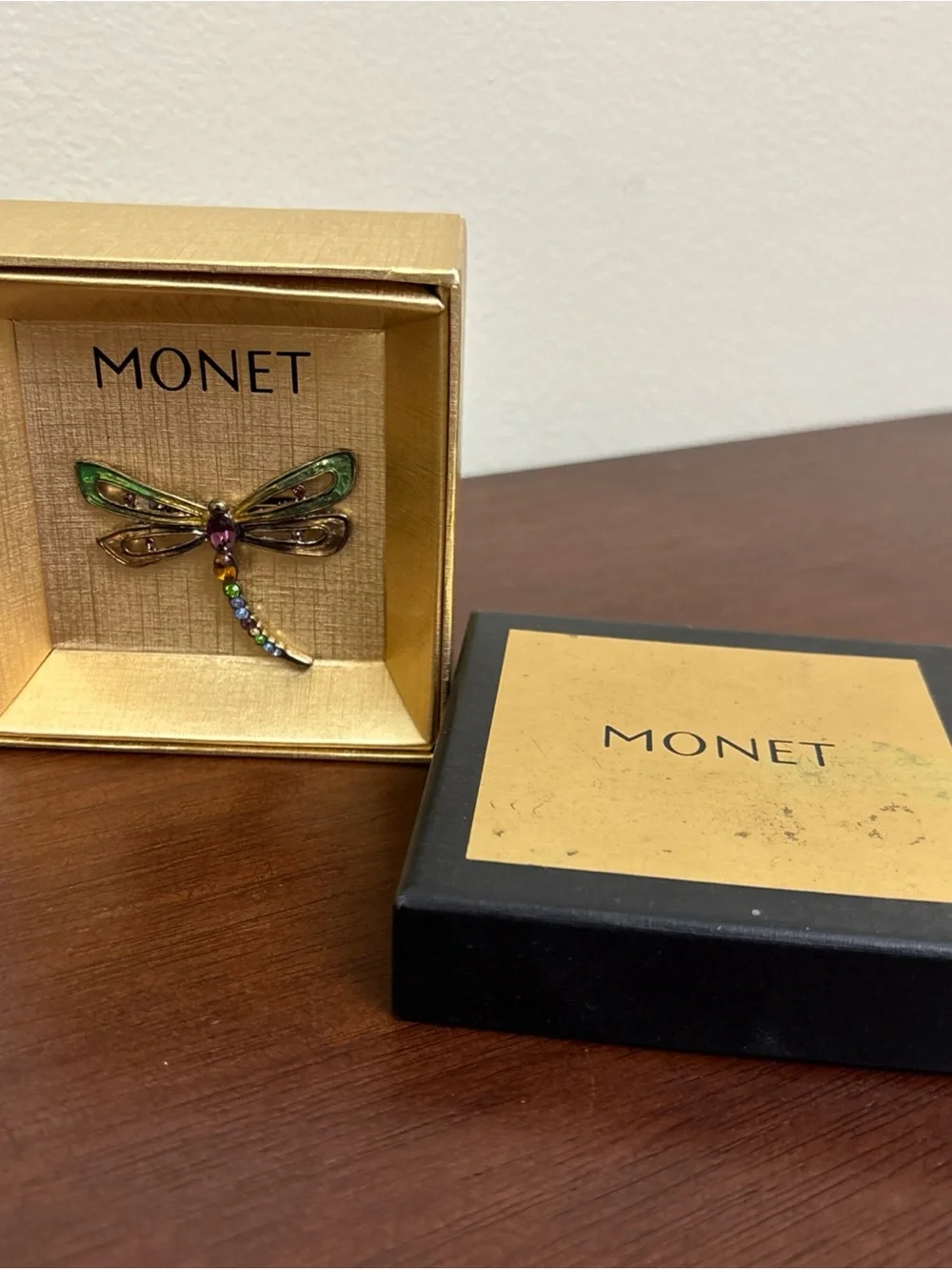 Vintage MONET Gold Tone Enamel Rhinestone Dragonfly Brooch With Box